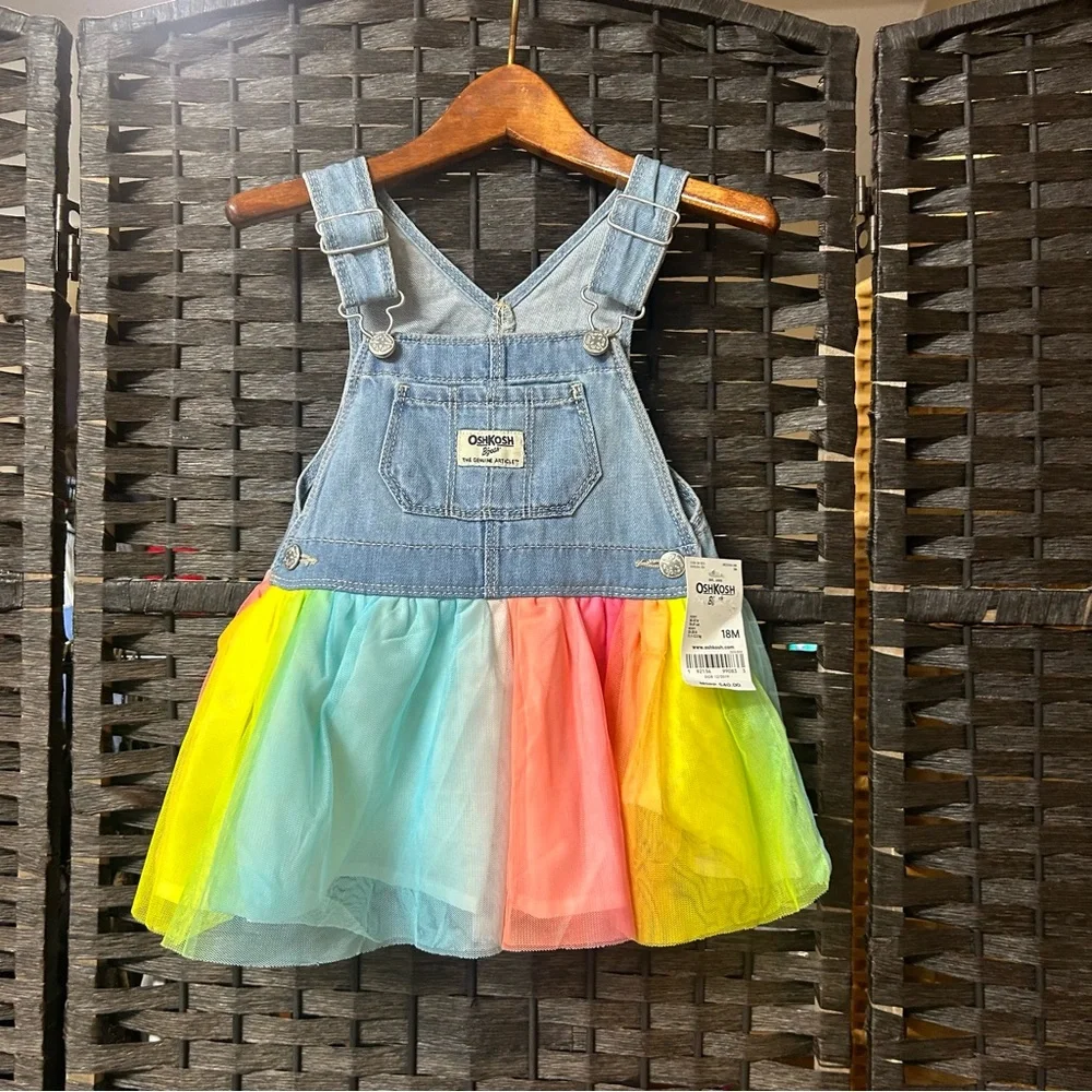 New Osh Kosh BGosh overall dress with colorful yainbor skirt size 18 months